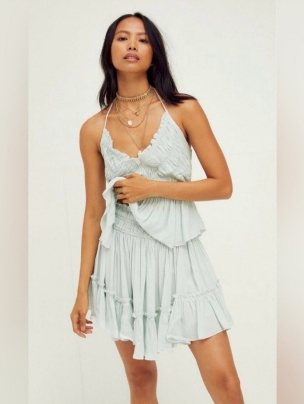 Free People Hooked On You Halter Top & Skirt Set Light Blue Women's Size Large